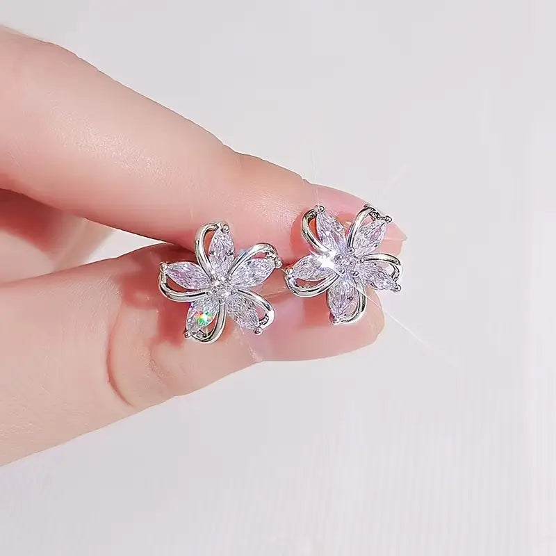 Elegant Rose Golden Cubic Zirconia Flower Stud Earrings