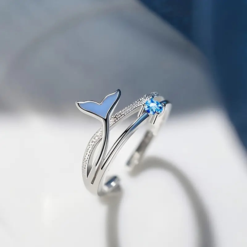 Adjustable Dolphin Tail Enamel Ring with Synthetic Zirconia