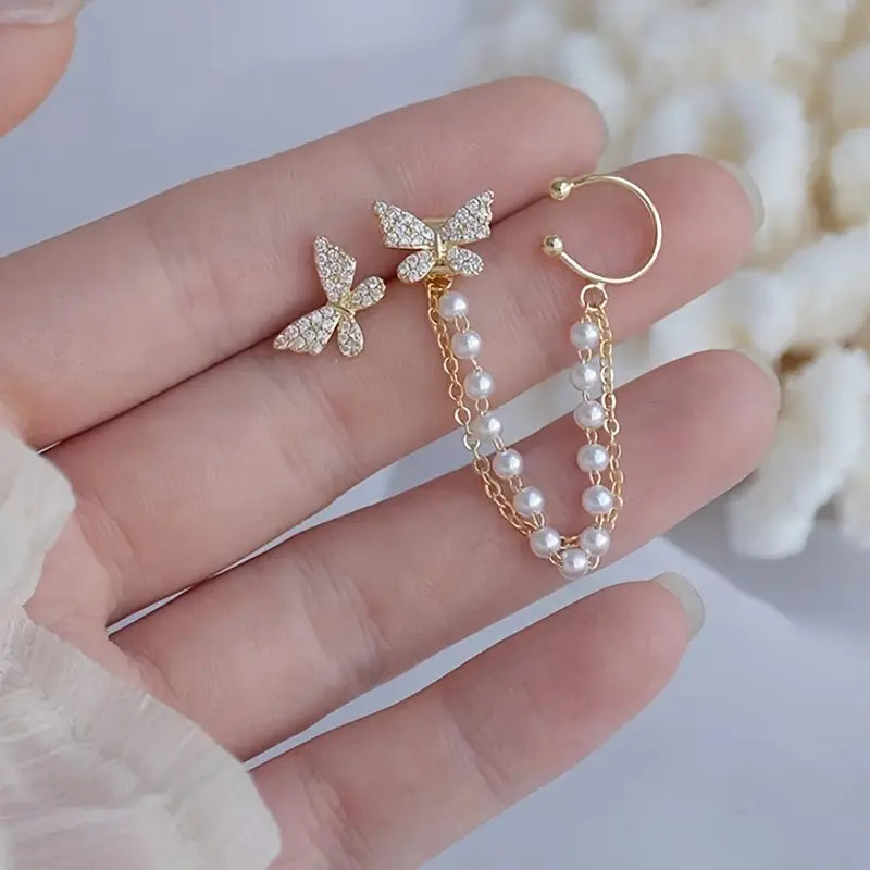 1 Pair of Temperament Simple Irregular Imitation Chain Tassel Butterfly Micro Drill Earrings