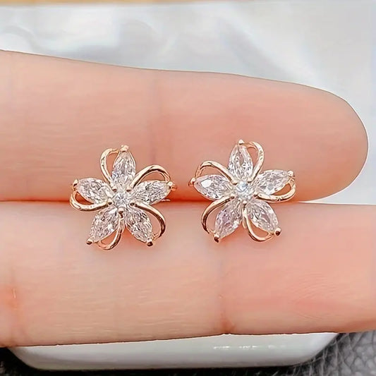 Elegant Rose Golden Cubic Zirconia Flower Stud Earrings