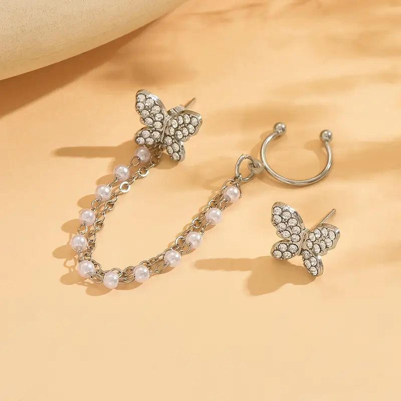 1 Pair of Temperament Simple Irregular Imitation Chain Tassel Butterfly Micro Drill Earrings