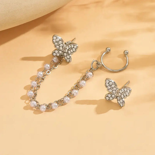 1 Pair of Temperament Simple Irregular Imitation Chain Tassel Butterfly Micro Drill Earrings